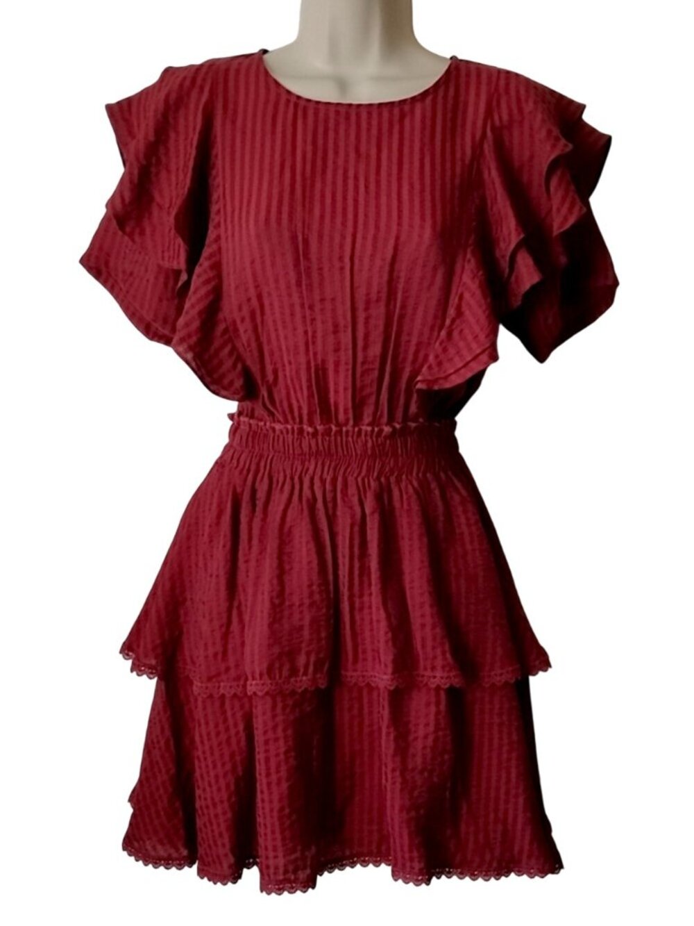 NWOT Shabby Chic Striped Ruffled Tiered Mini Dress S Burgundy Red